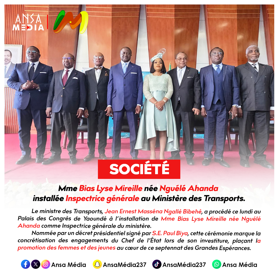 Mme Bias Lyse Mireille née Nguélé Ahanda installée Inspectrice générale au Ministère des Transports.