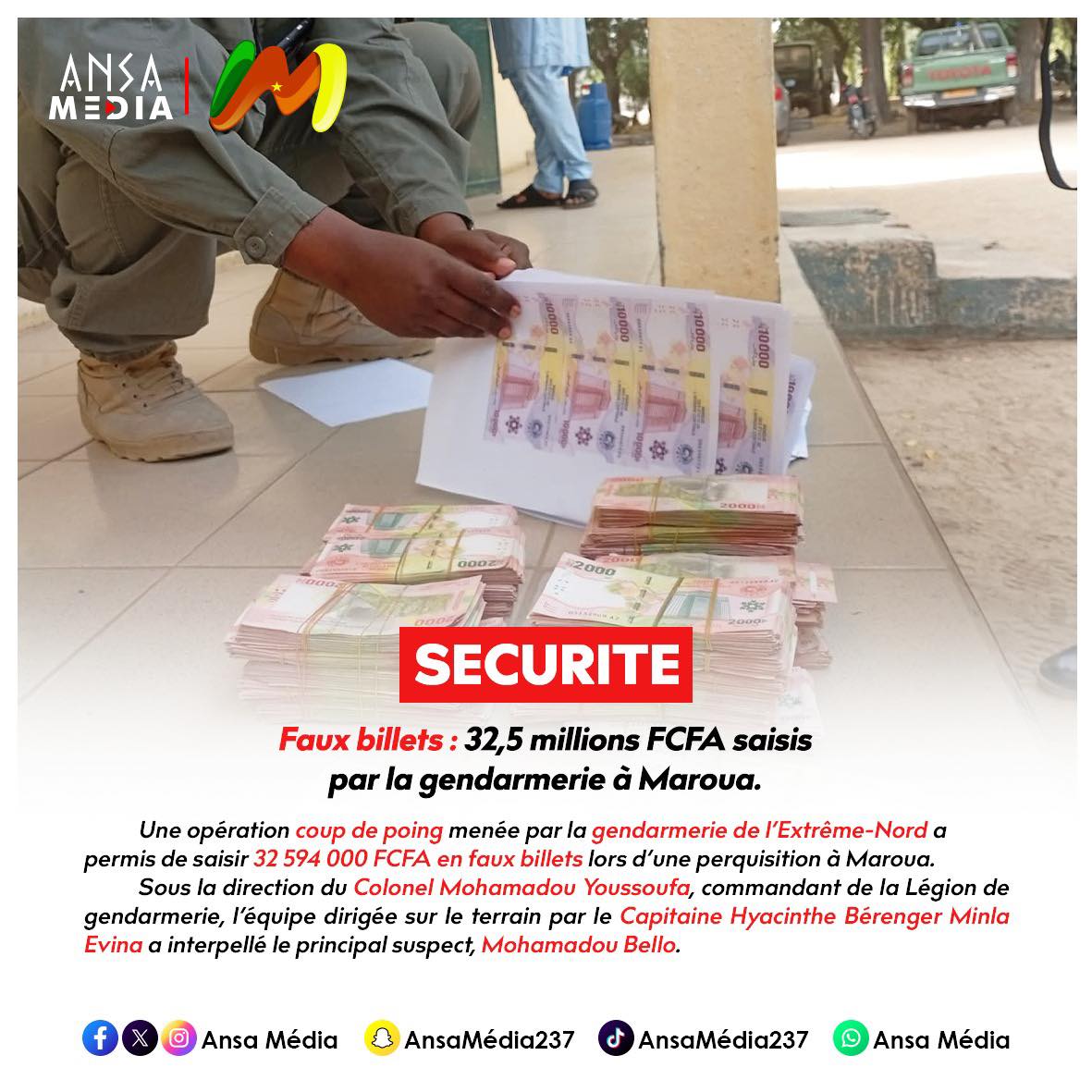 Faux billets : 32,5 millions FCFA saisis par la gendarmerie à Maroua.