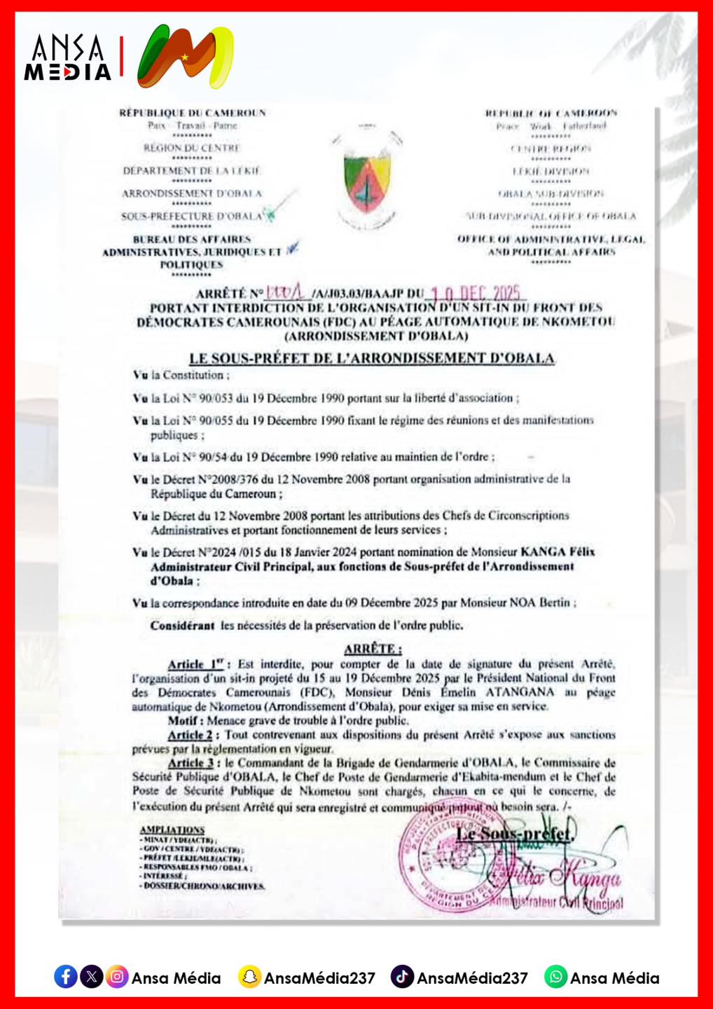 Interdiction du sit-in du FDC.