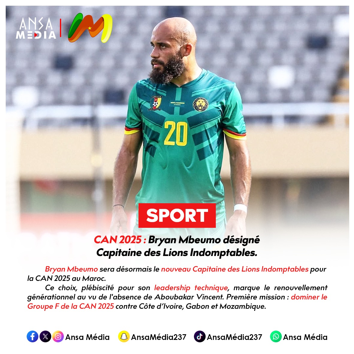 CAN 2025 : Bryan Mbeumo désigné capitaine des Lions Indomptables.