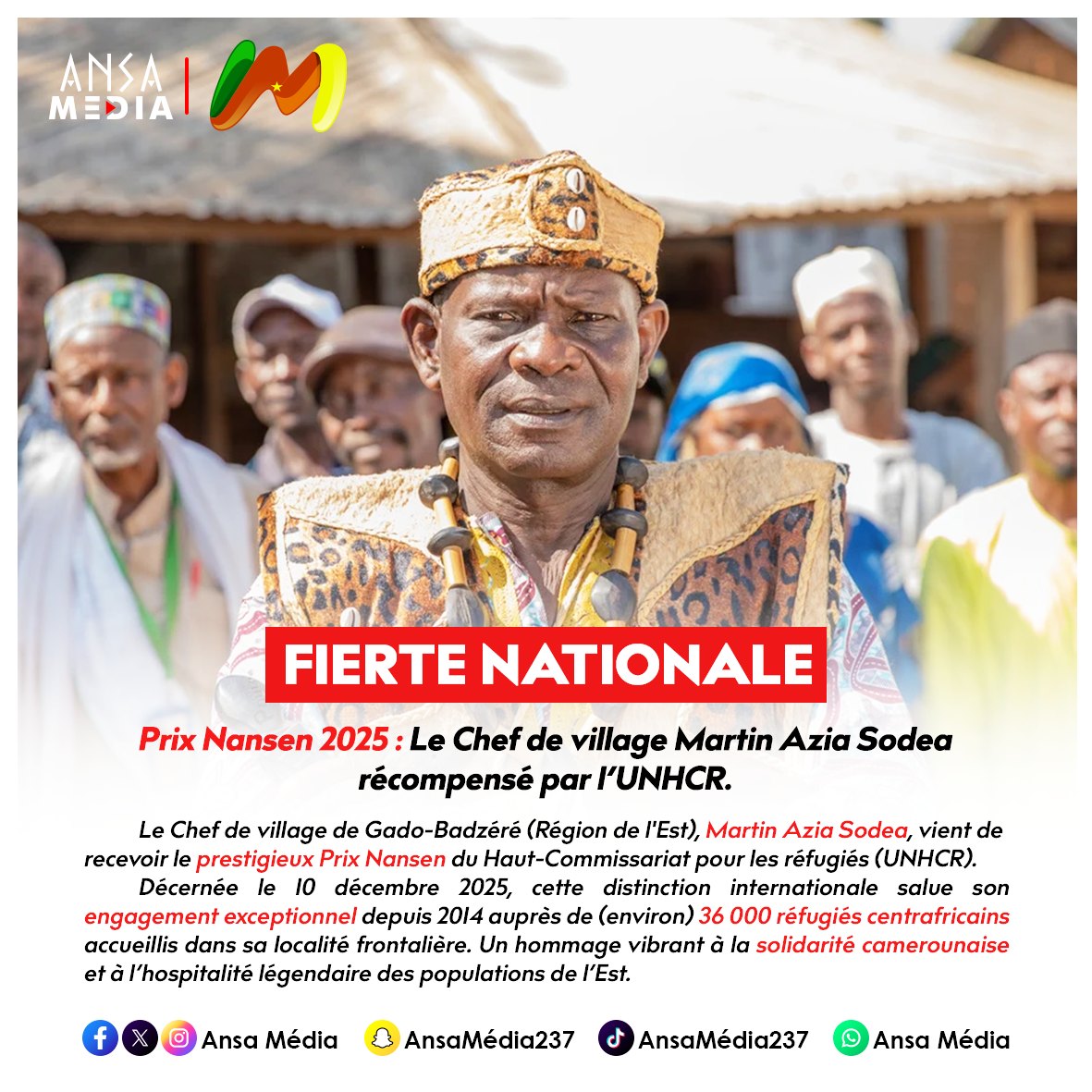 Prix Nansen 2025 : Le chef de village camerounais Martin Azia Sodea récompensé par l’UNHCR.