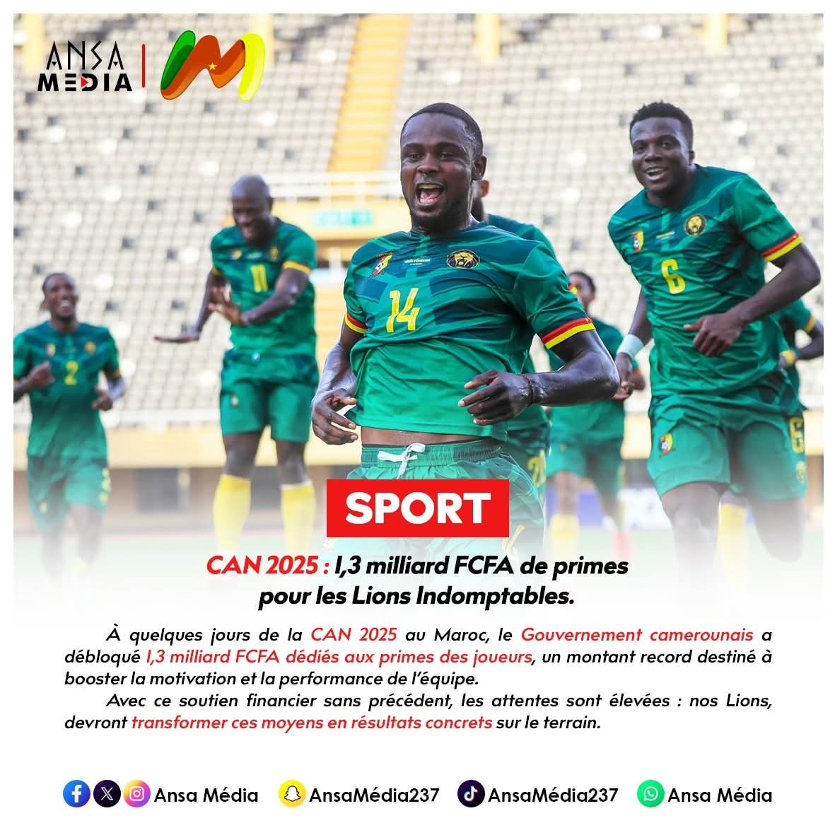 CAN 2025 : 1,3 milliard FCFA de primes pour les Lions Indomptables