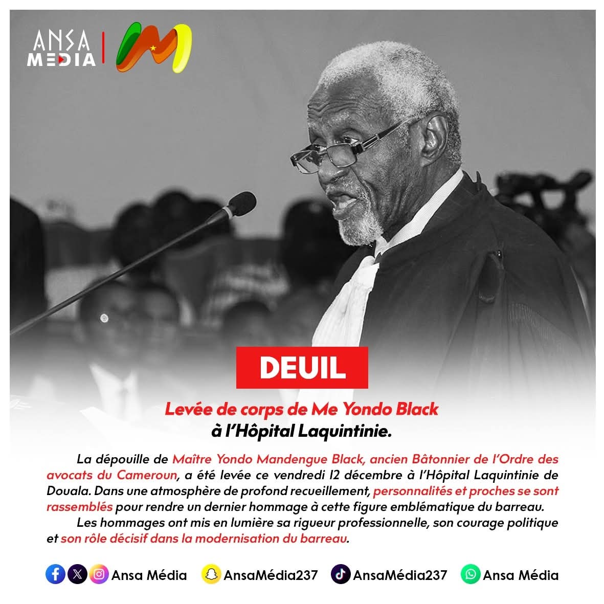 Deuil : Levée de corps de Me Yondo Black à l’Hôpital Laquintinie.
