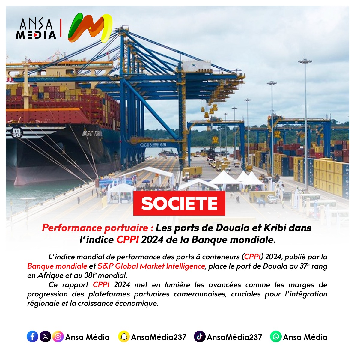 Les ports de Douala et Kribi dans l’indice CPPI 2024 de la Banque mondiale.