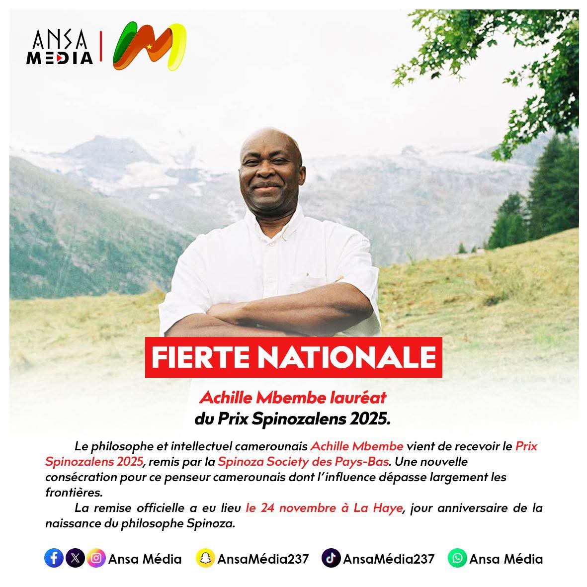 Achille Mbembe lauréat du Prix Spinozalens 2025.