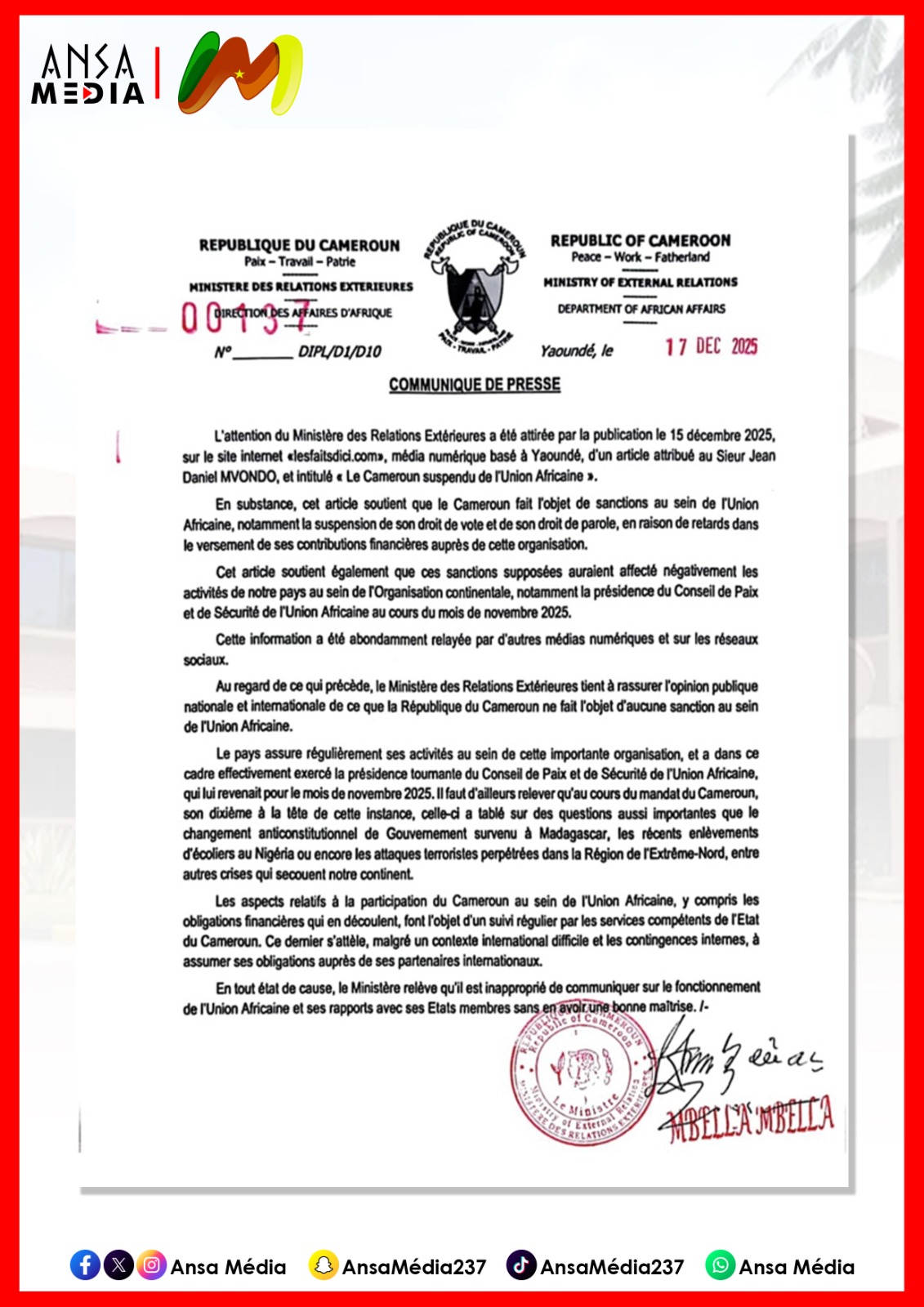 COMMUNIQUÉ DE PRESSE DU MINISTÈRE DES RELATIONS EXTÉRIEURES.