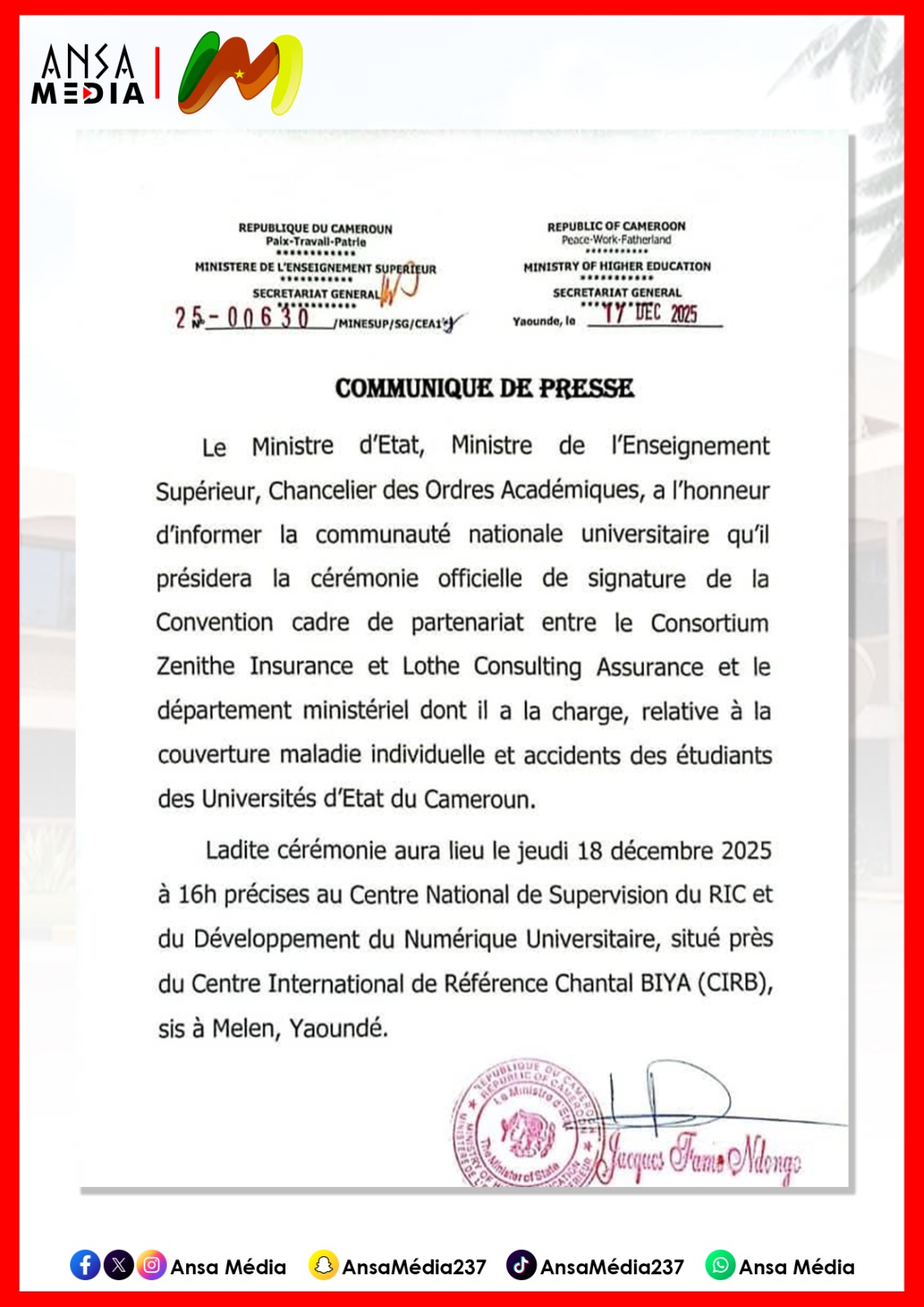 Communiqué de presse du Ministère de l'Enseignement Supérieur.