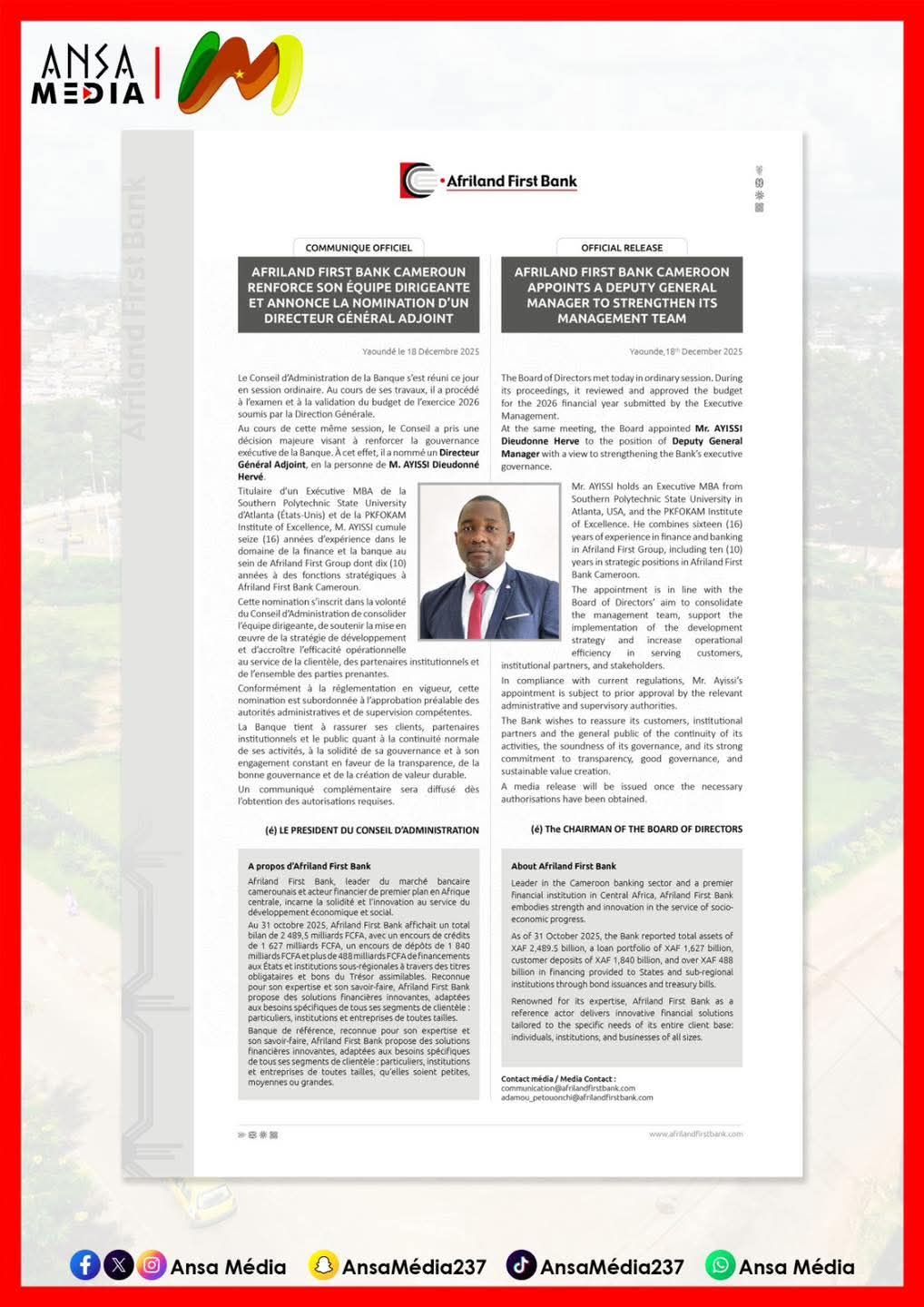 Communiqué officiel - Afriland First Bank