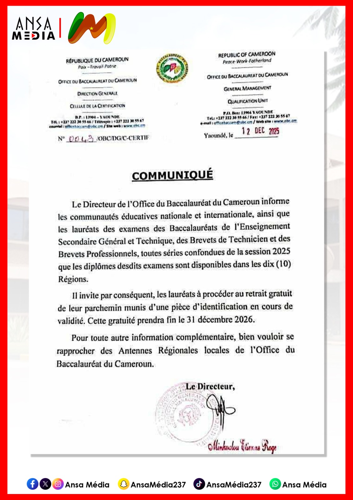Communiqué de l'office du baccalauréat du Cameroun.
