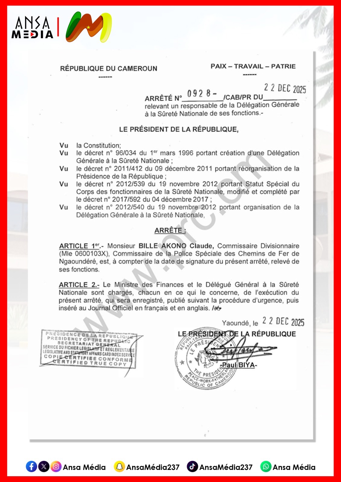 Le Commissaire Divisionnaire Claude Bille Akono relevé de ses fonctions