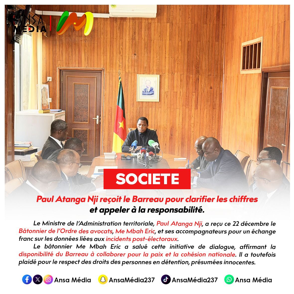 Paul Atanga Nji reçoit le Barreau pour clarifier les chiffres et appeler à la responsabilité.