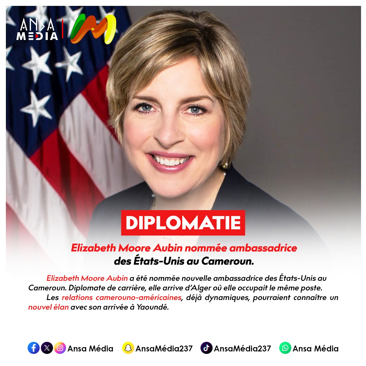 Elizabeth Moore Aubin nommée ambassadrice des États-Unis au Cameroun.