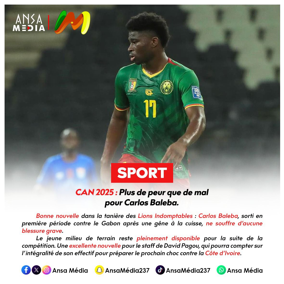 Plus de peur que de mal pour Carlos Baleba.