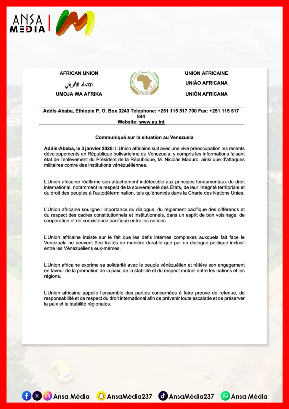 L’Union africaine condamne l’enlèvement de Maduro, Un coup dur à la souveraineté !