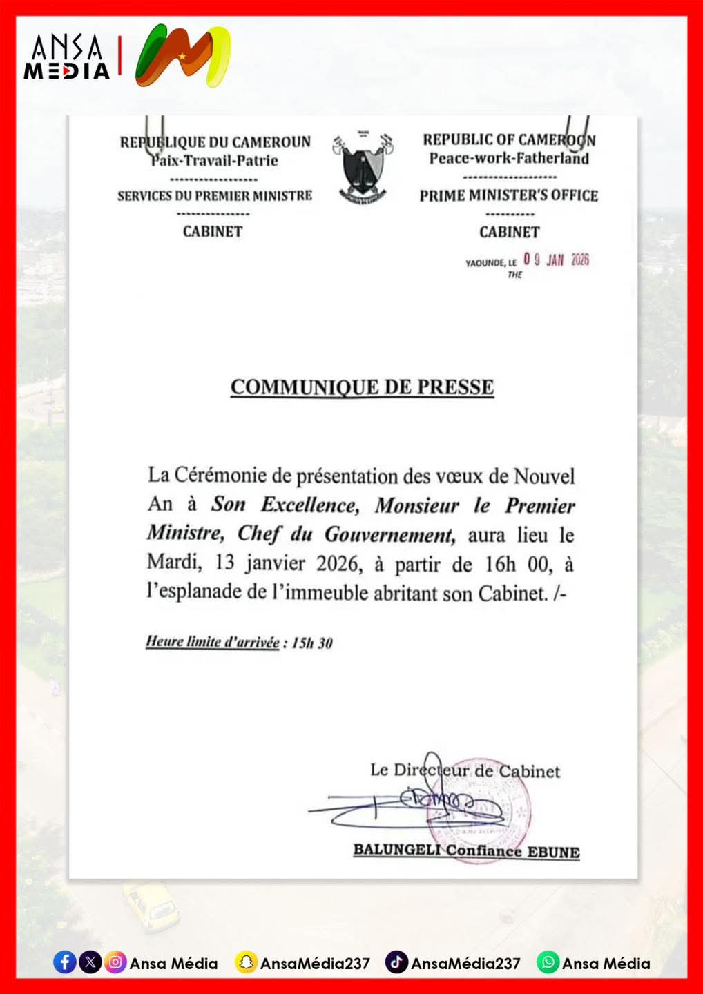 S.E. Chief Dr. Joseph Dion Ngute, recevra les vœux de nouvel an ce mardi 13 janvier 2026