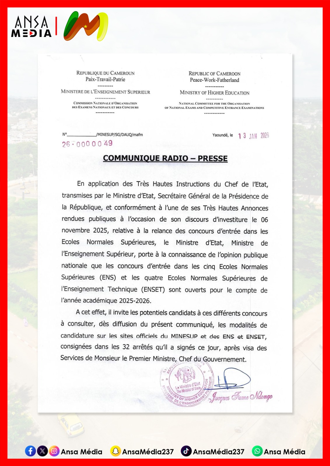 COMMUNIQUE RADIO-PRESS DU MINISTÈRE DE L'ENSEIGNEMENT SUPÉRIEURE.