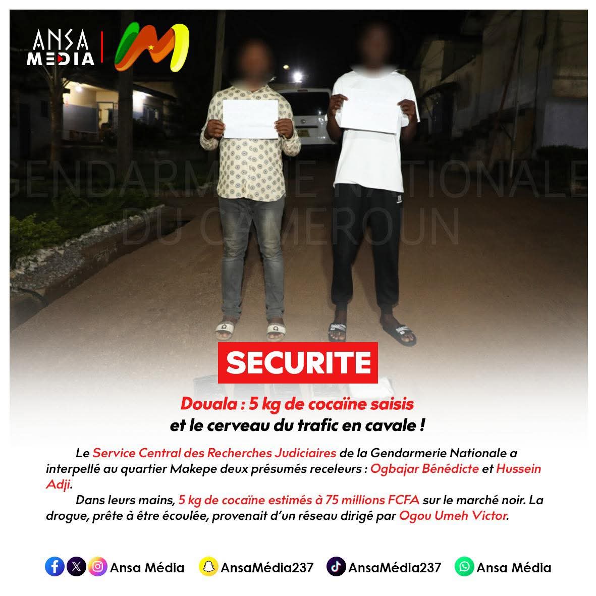 5 kg de cocaïne saisis, 75 millions FCFA envolés et le cerveau du trafic en cavale !