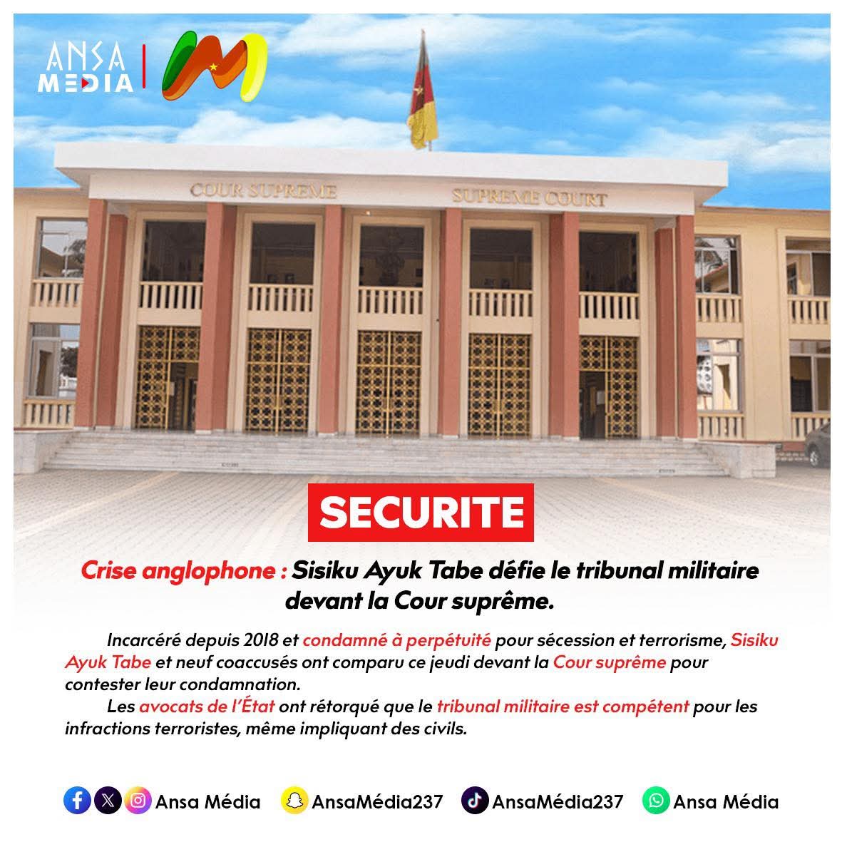 Sisiku Ayuk Tabe défie le tribunal militaire devant la Cour suprême.