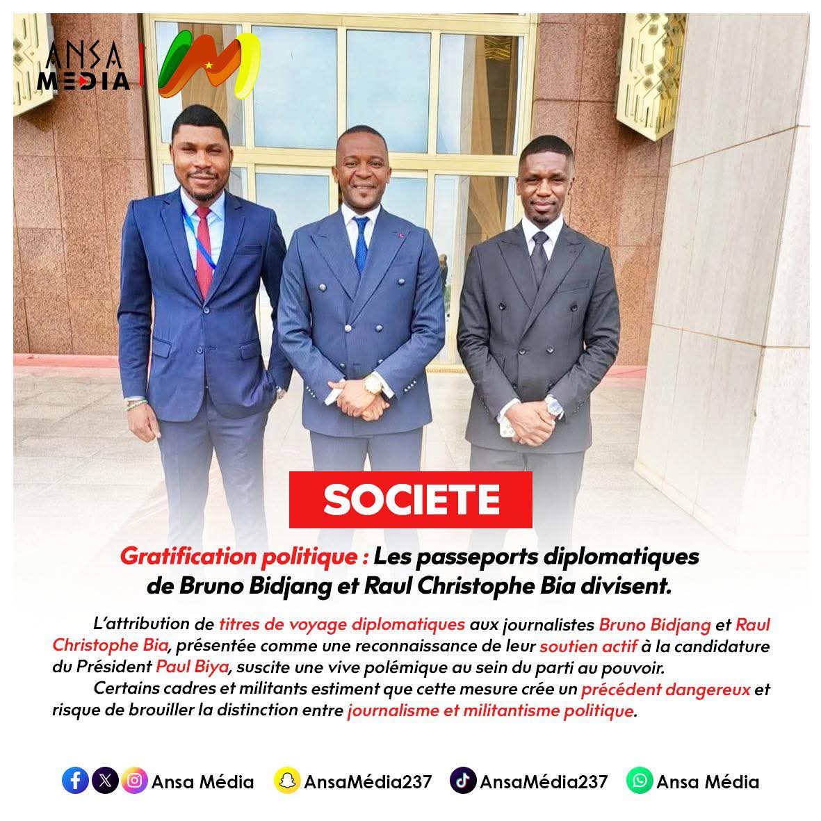 Les passeports diplomatiques de Bruno Bidjang et Raul Christophe Bia divisent le camp présidentiel.