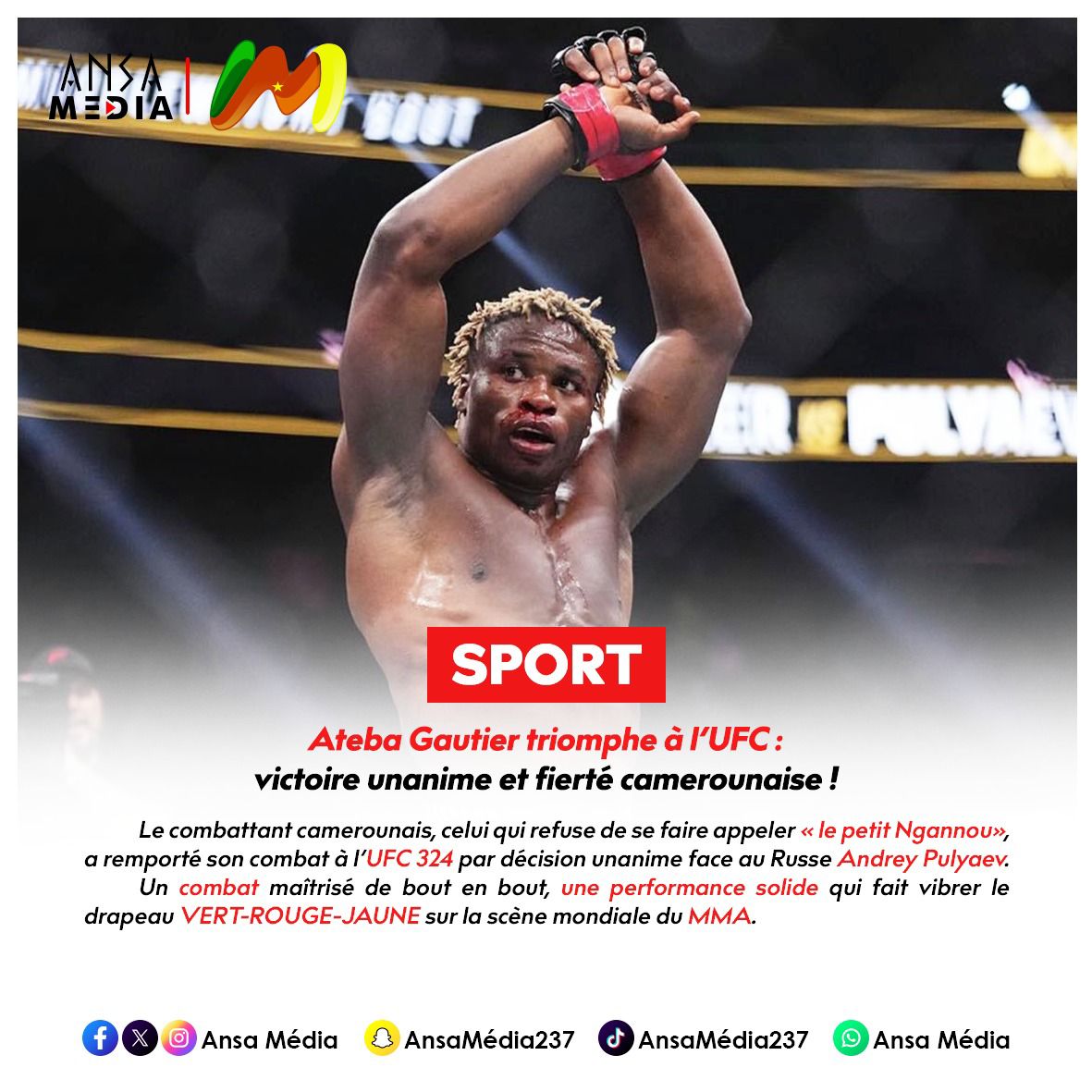 Ateba Gautier triomphe à l’UFC : victoire unanime et fierté camerounaise !
