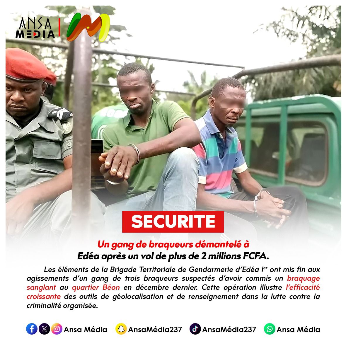 Un gang de braqueurs démantelé à Edéa après un vol de plus de 2 millions FCFA