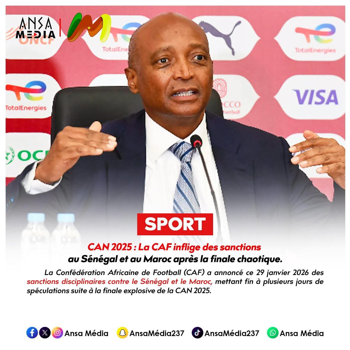 La CAF inflige des sanctions au Sénégal et au Maroc après la finale chaotique