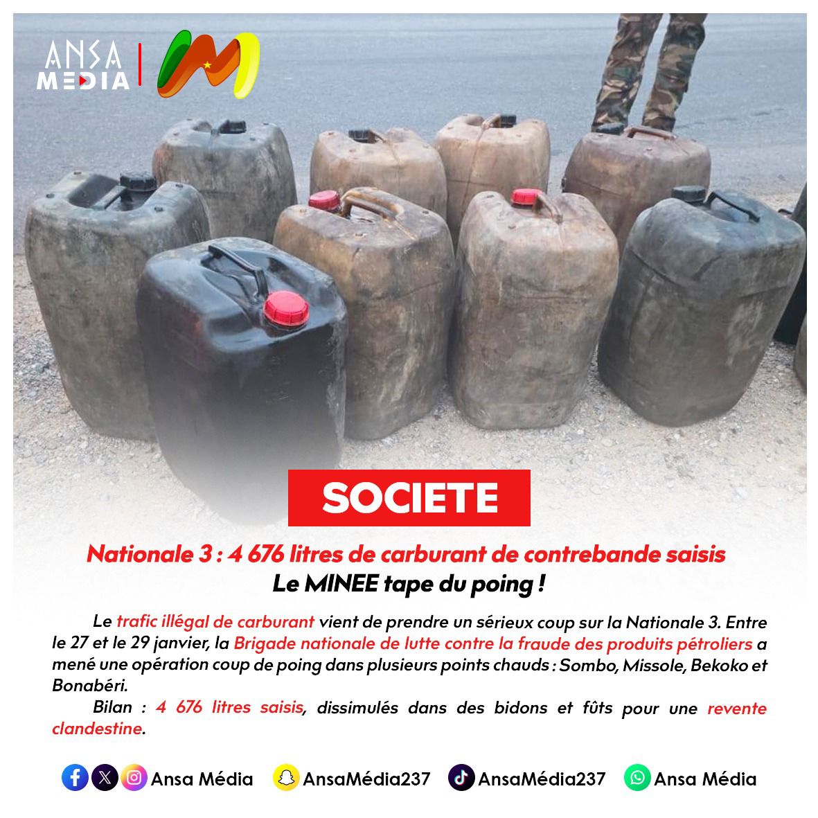 4 676 litres de carburant de contrebande saisis, le MINEE tape du poing !