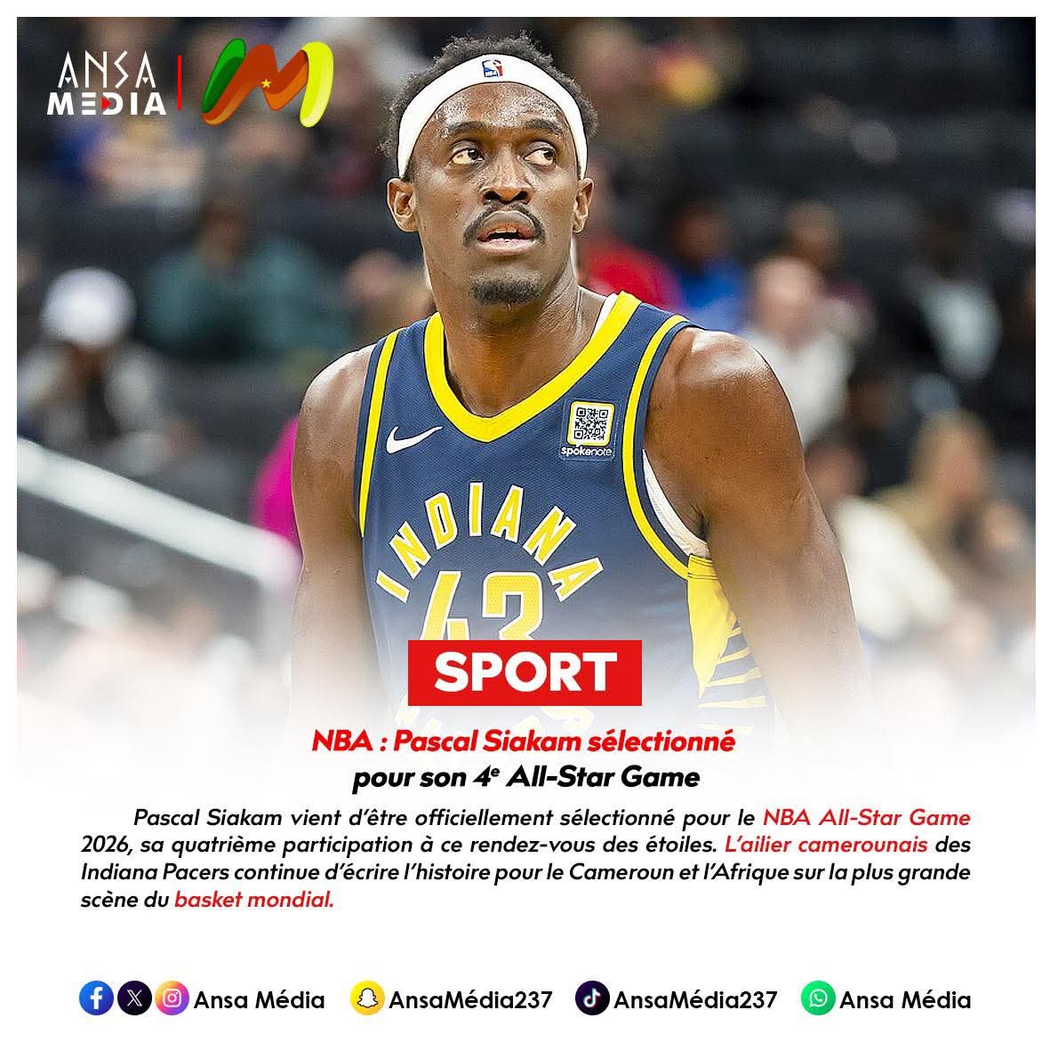 NBA : Pascal Siakam sélectionné pour son 4ème All-Star Game