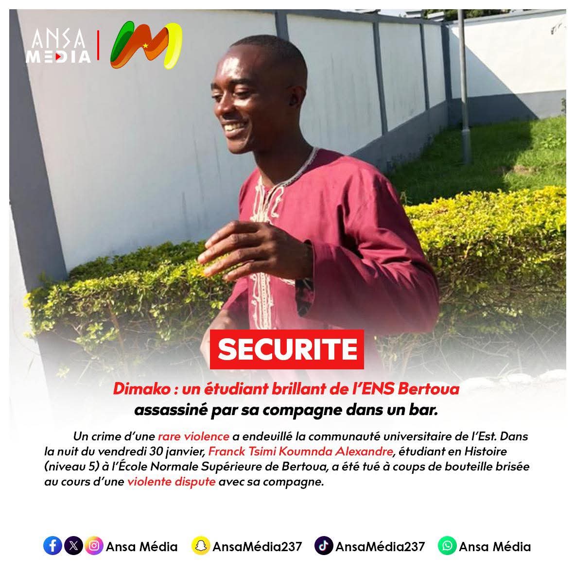 Un étudiant brillant de l’ENS Bertoua assassiné par sa compagne dans un bar.