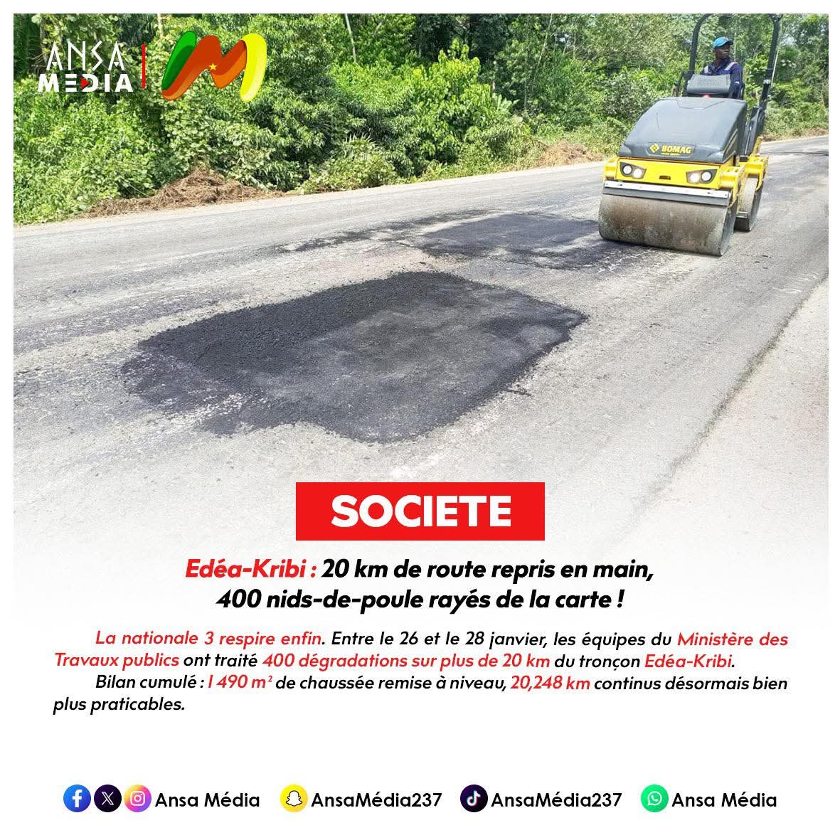 Edéa-Kribi : 20 km de route repris en main, 400 nids-de-poule rayés de la carte !