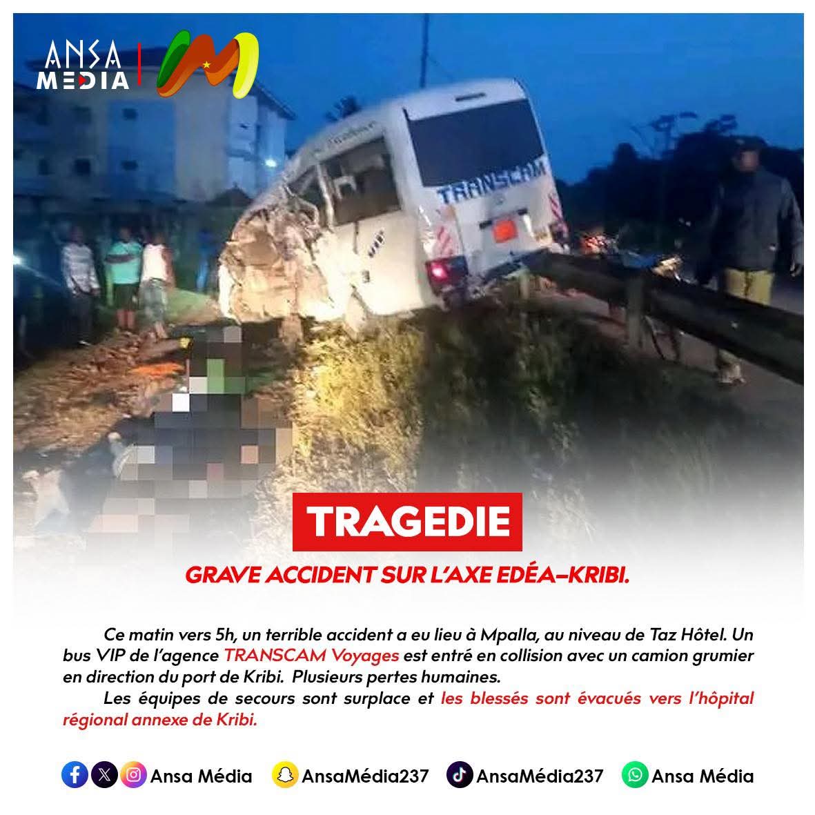 Grave accident sur l’axe Edéa–Kribi : plusieurs victimes à déplorer.