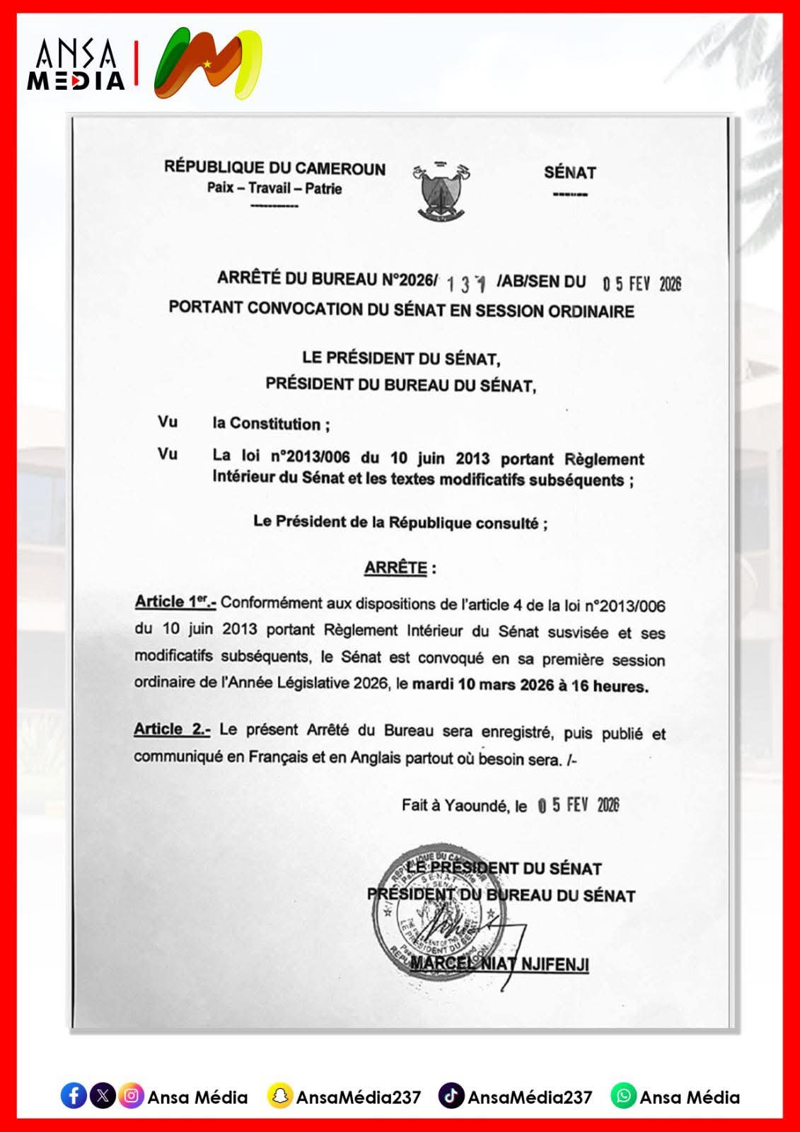 SÉNAT: Ouverture de la première session ordinaire de 2026 le 10 mars.