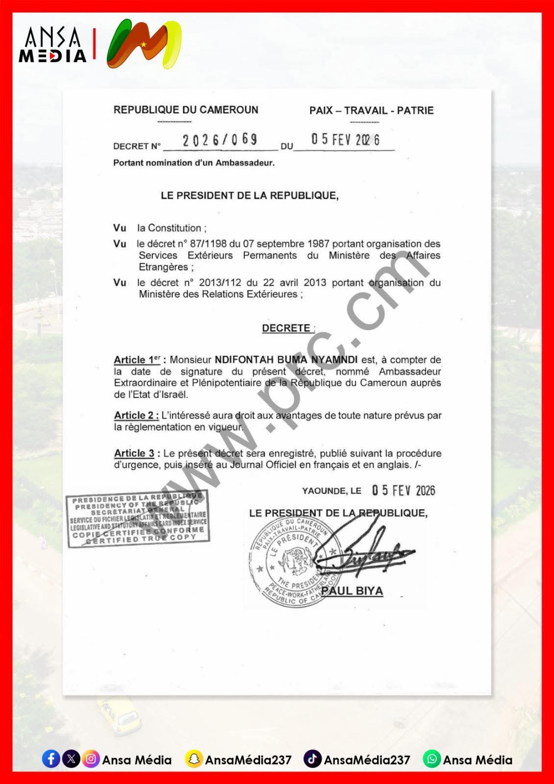 Nomination de Ndifontah Buma Nyamndi en Israël : un choix stratégique.