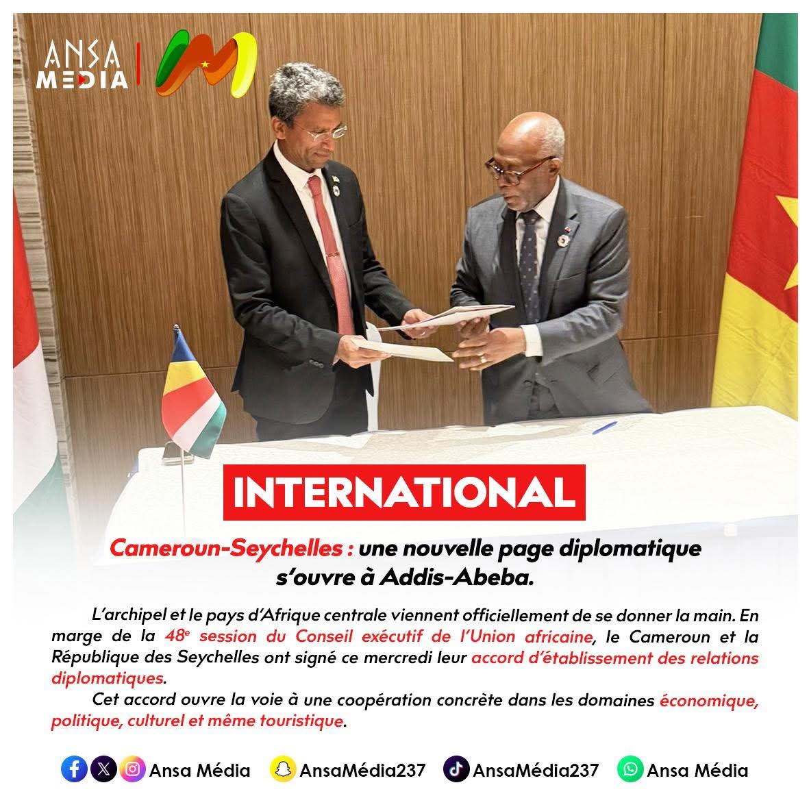 Cameroun-Seychelles : une nouvelle page diplomatique s’ouvre à Addis-Abeba.