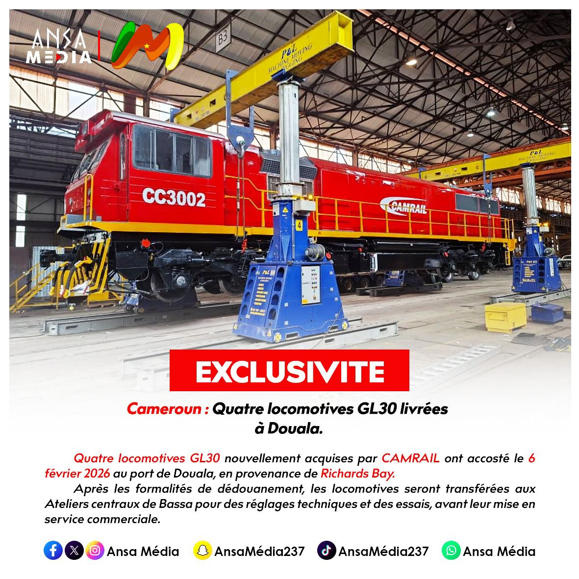 Cameroun : Quatre locomotives GL30 livrées à Douala.