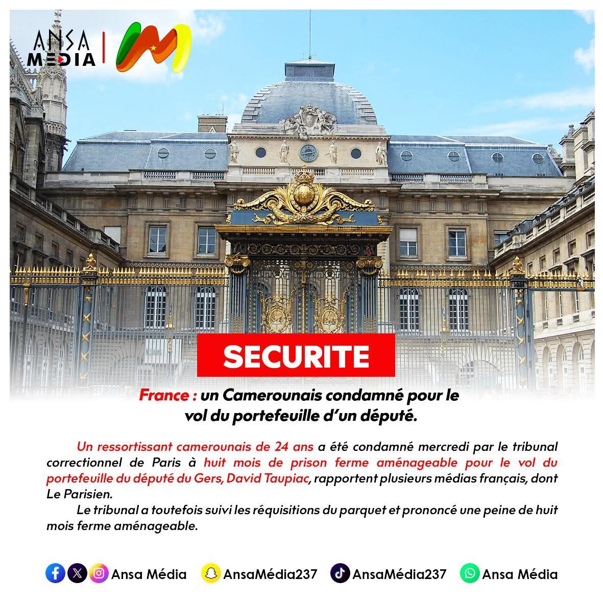 France : un Camerounais condamné pour le vol du portefeuille d’un député.
