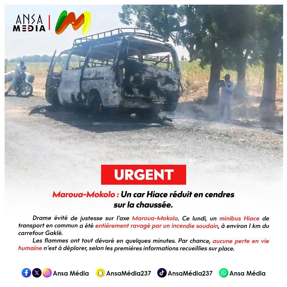 Maroua-Mokolo : Un car Hiace réduit en cendres sur la chaussée.