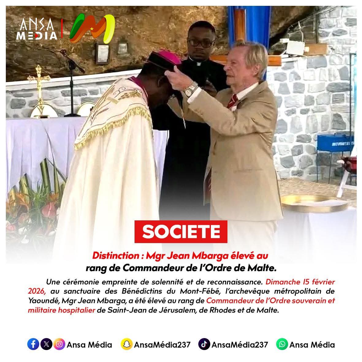 Distinction : Mgr Jean Mbarga élevé au rang de Commandeur de l’Ordre de Malte