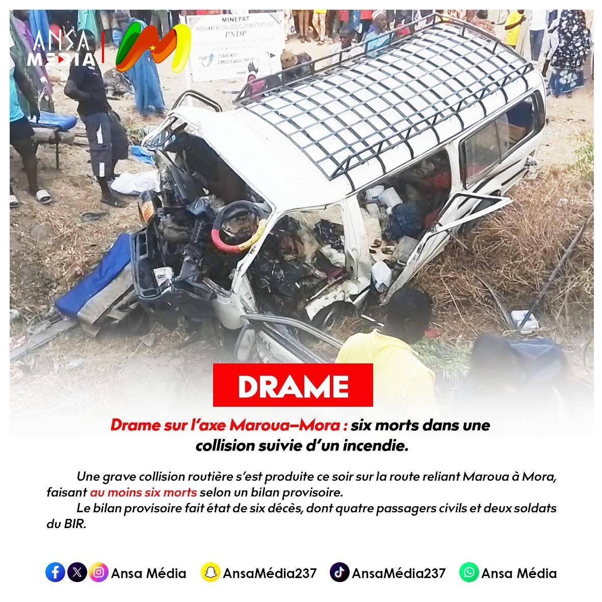 Drame sur l’axe Maroua–Mora : six morts dans une collision suivie d’un incendie.