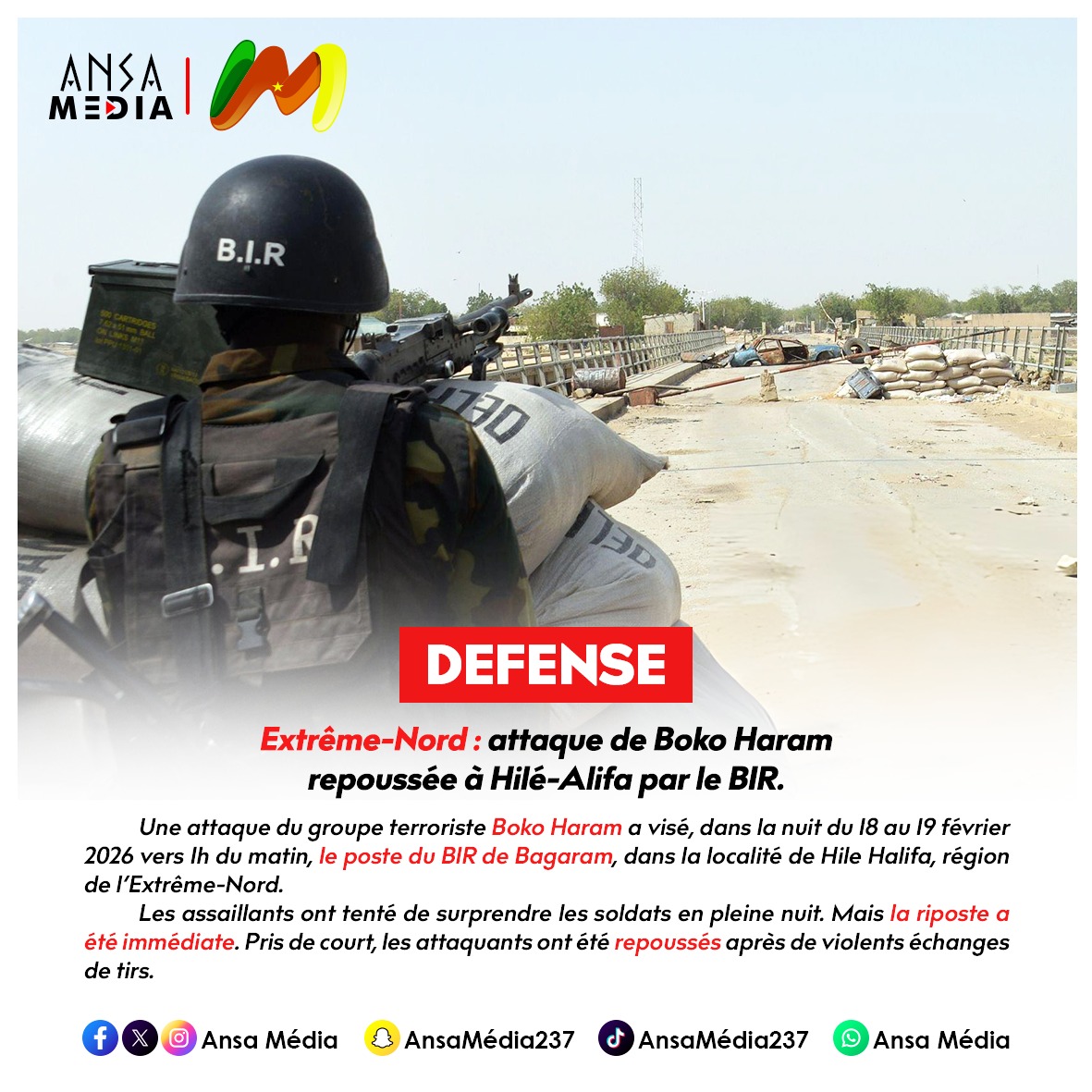 Extrême-Nord : attaque de Boko Haram repoussée à Hilé-Alifa par le BIR.