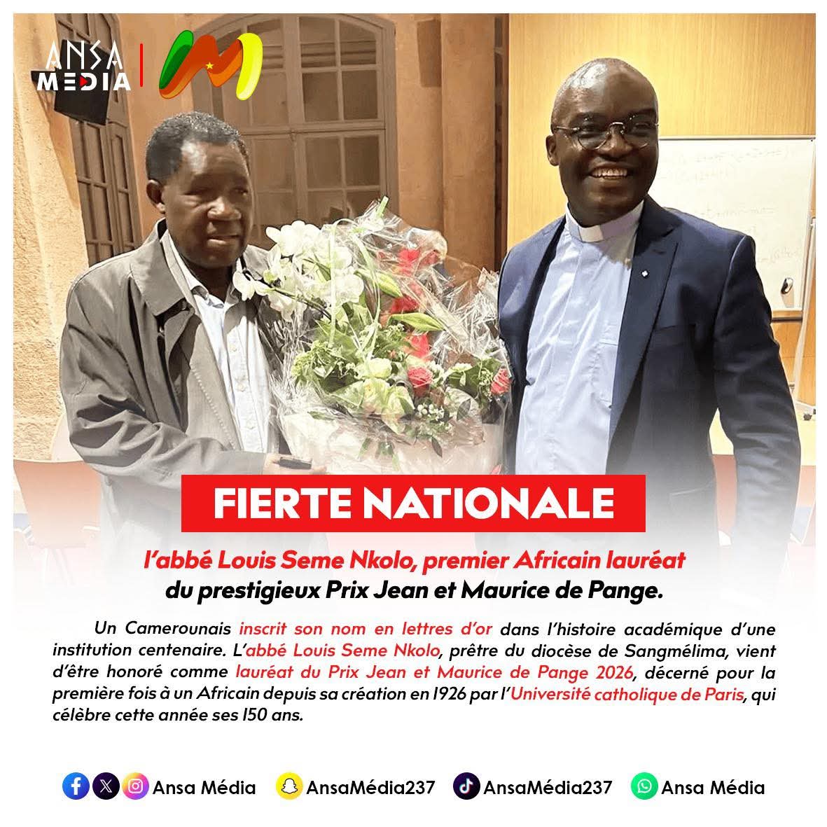 L’abbé Louis Seme Nkolo, premier Africain lauréat du prestigieux Prix Jean et Maurice de Pange.