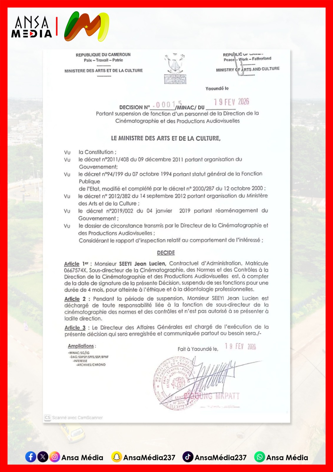 Un sous-directeur suspendu 4 mois pour atteinte à l’éthique au MINAC.