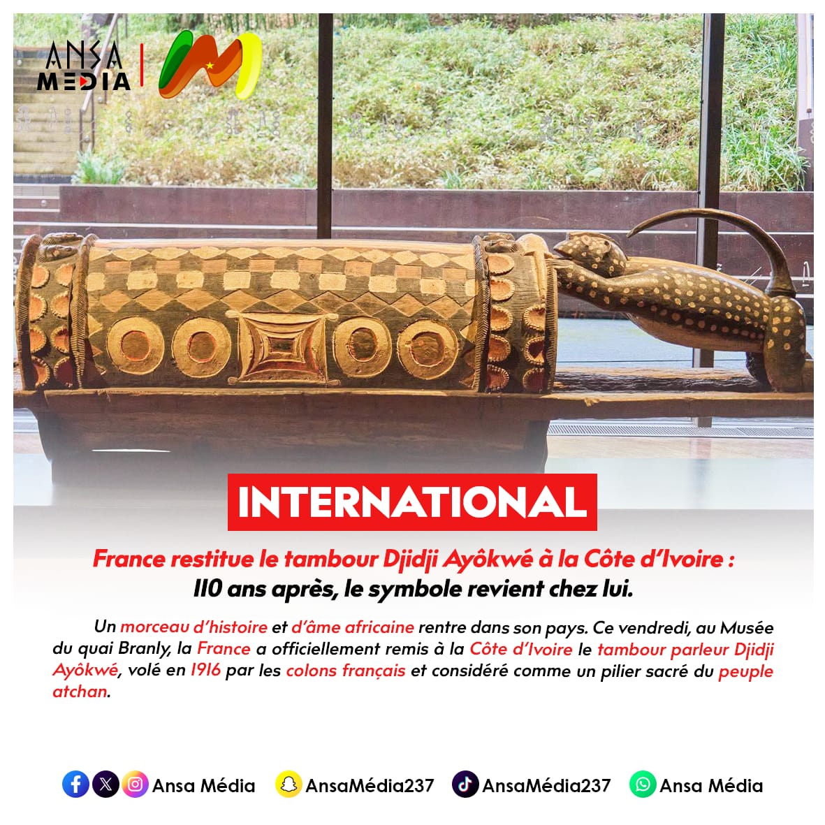 La France restitue le tambour Djidji Ayôkwé à la Côte d’Ivoire