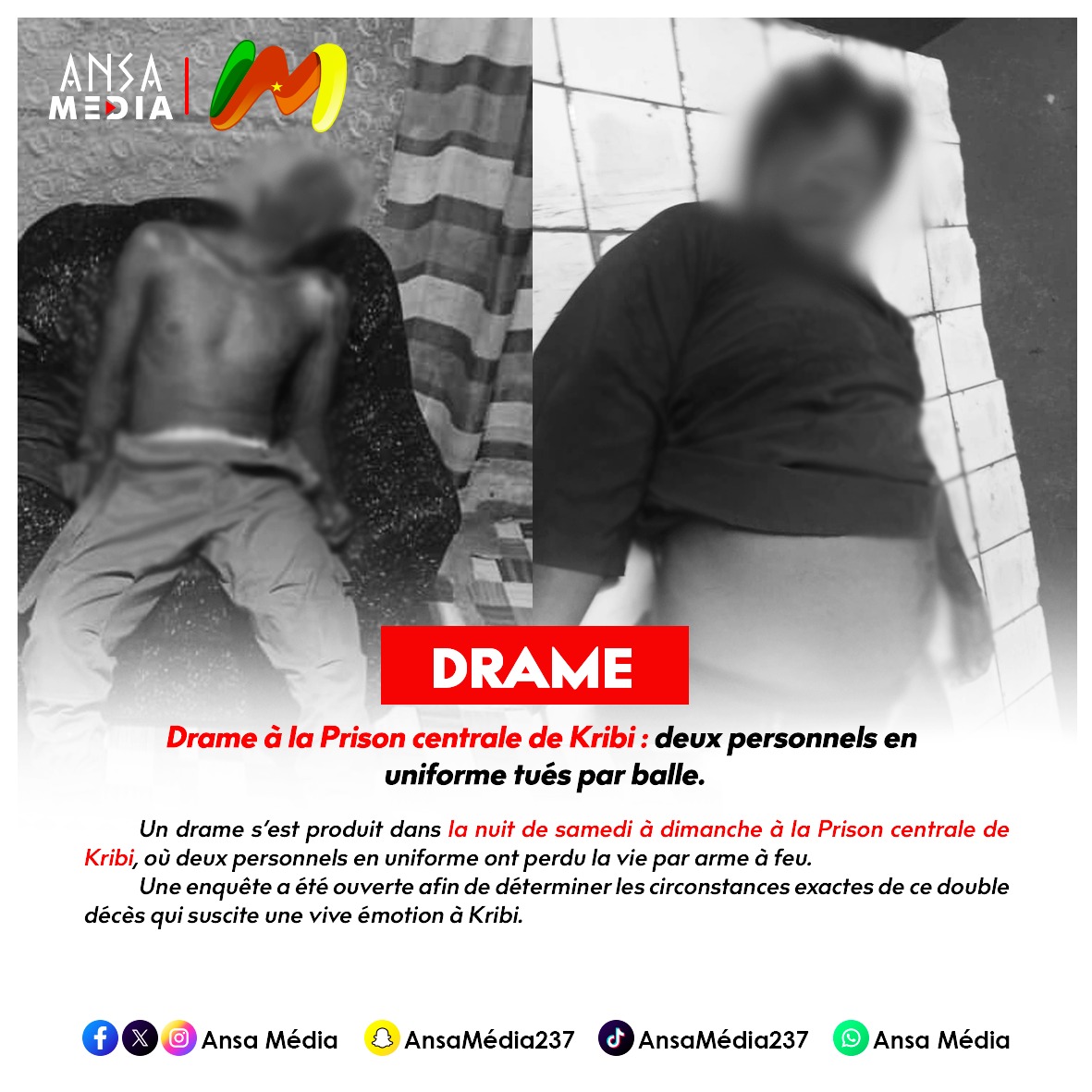 Drame à la Prison centrale de Kribi : deux personnels en uniforme tués par balle.