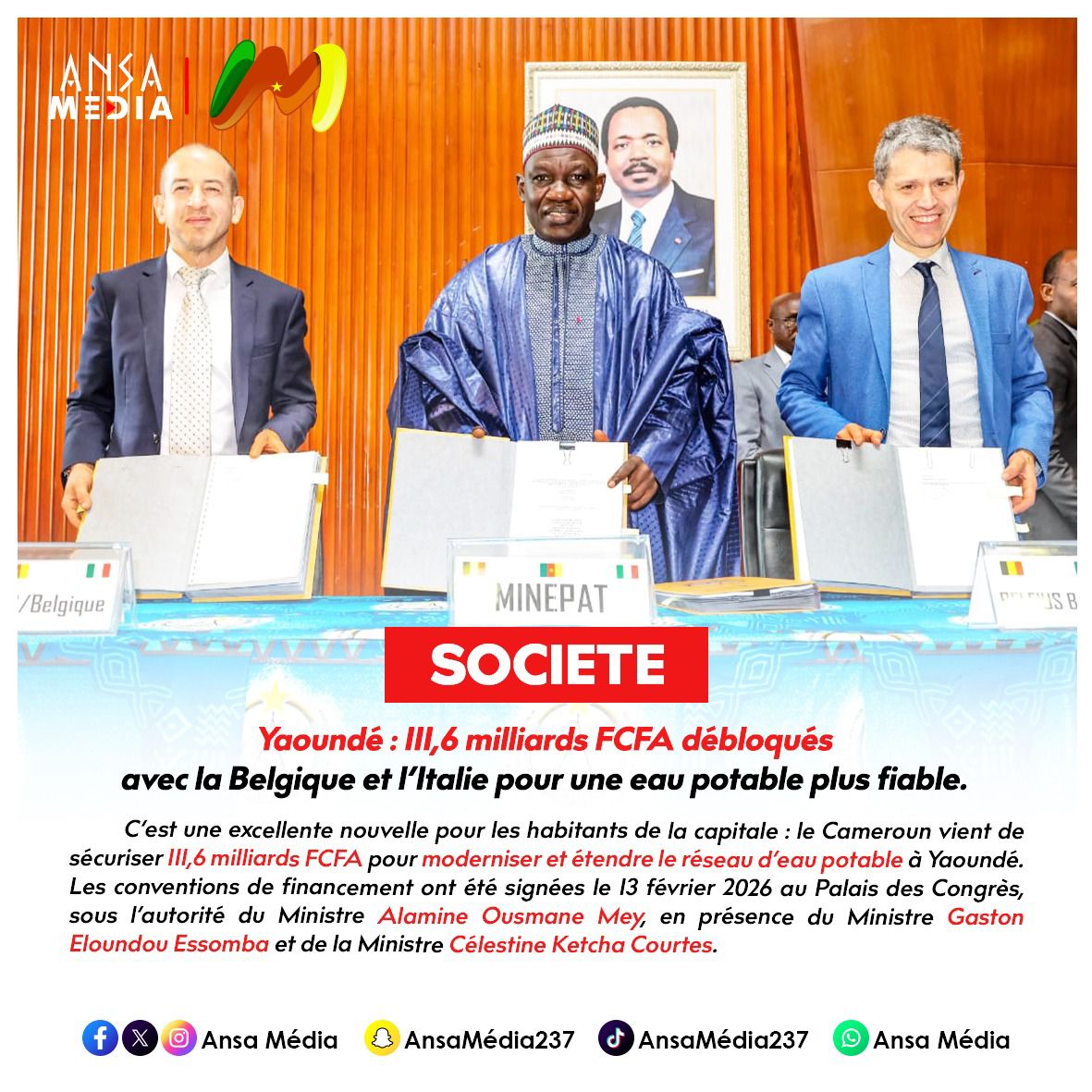111,6 milliards FCFA débloqués avec la Belgique et l’Italie pour une eau potable plus fiable.