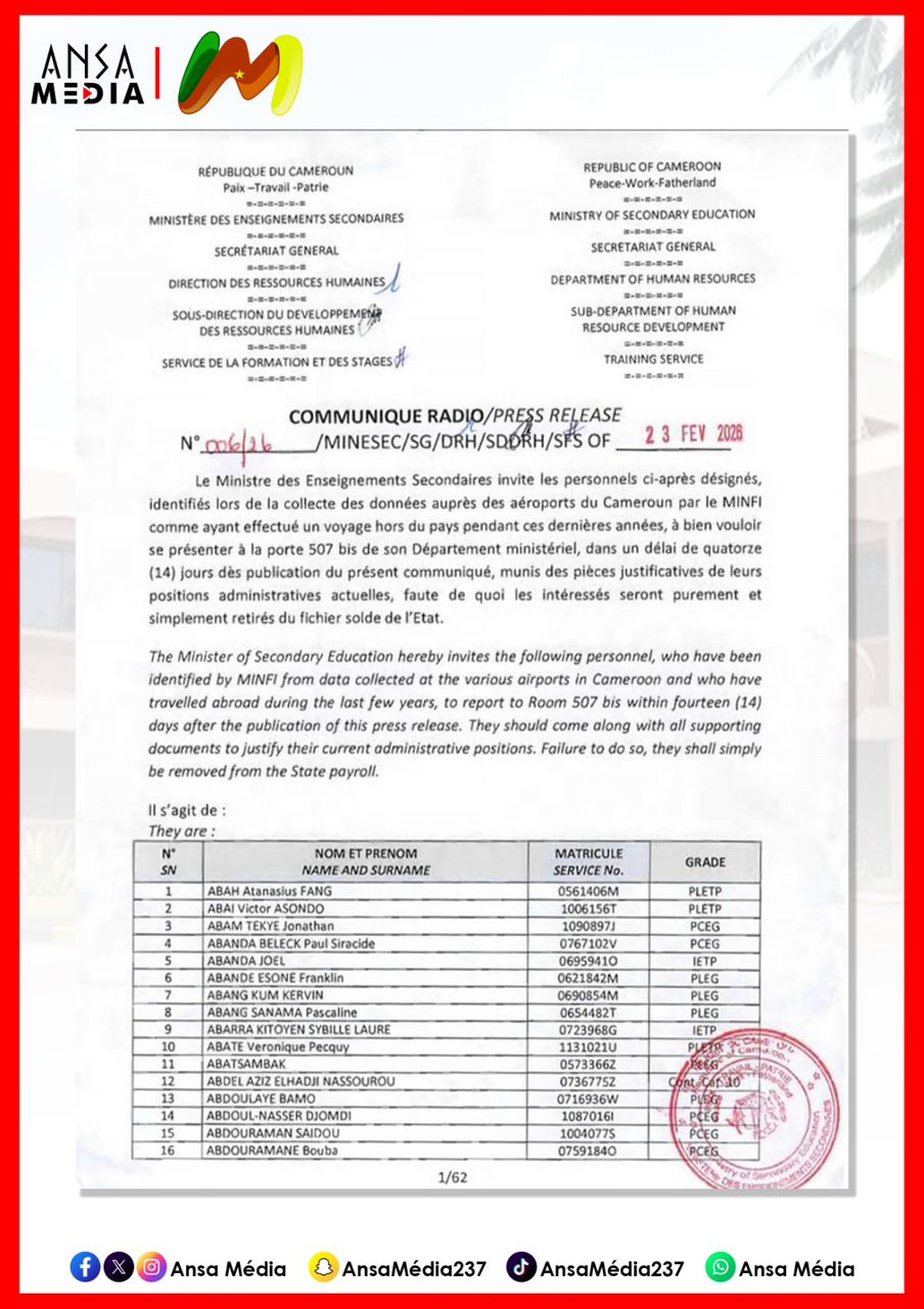 MINESEC : 3 442 personnels sommés de justifier leur situation administrative