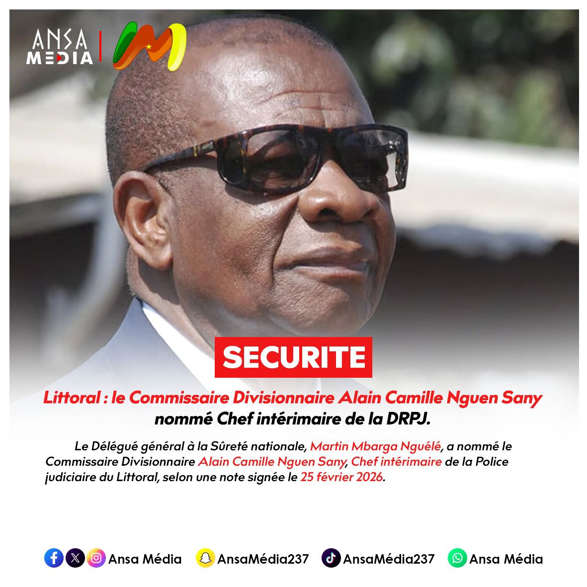 Alain Camille Nguen Sany nommé chef intérimaire de la DRPJ.