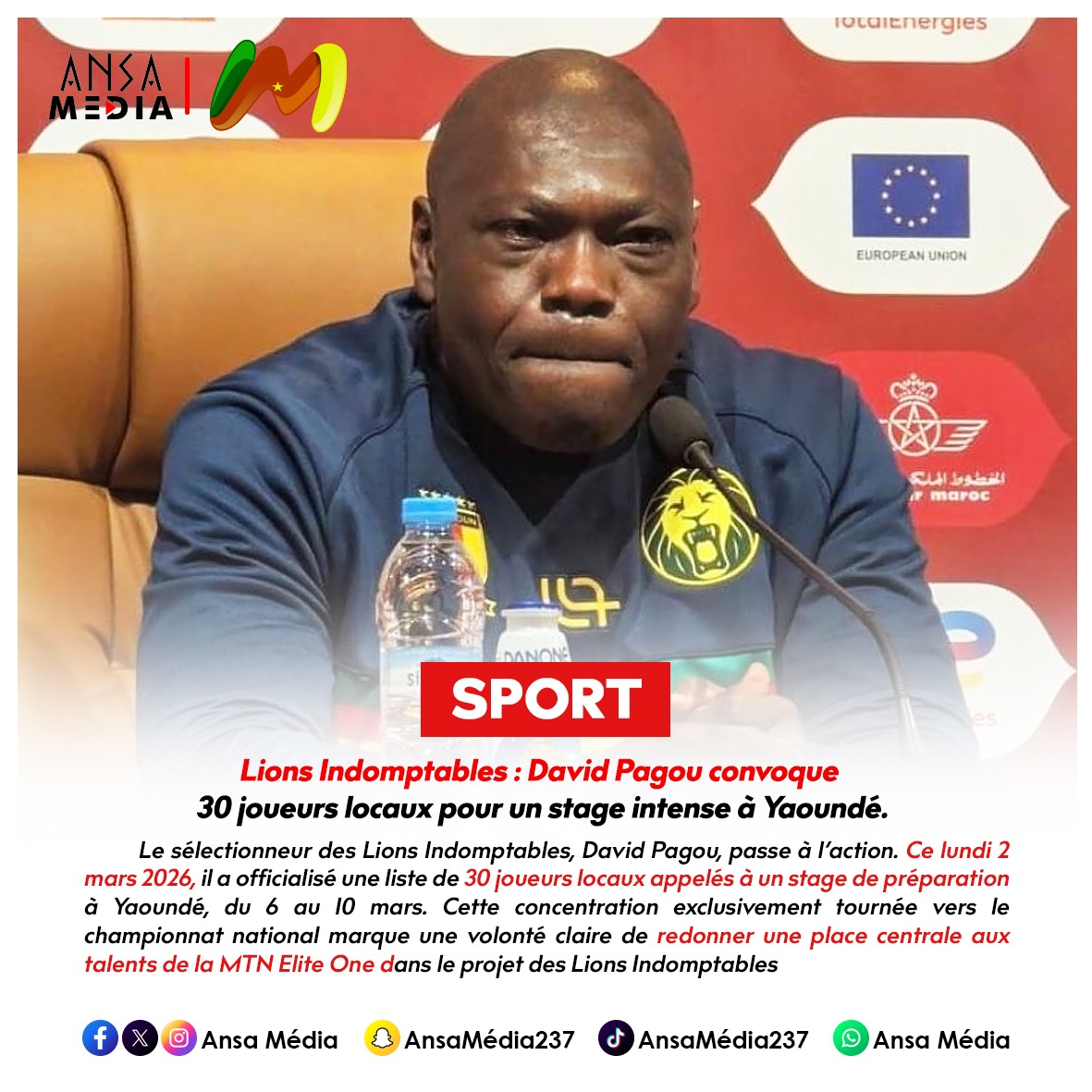 David Pagou convoque 30 joueurs locaux pour un stage intense à Yaoundé.