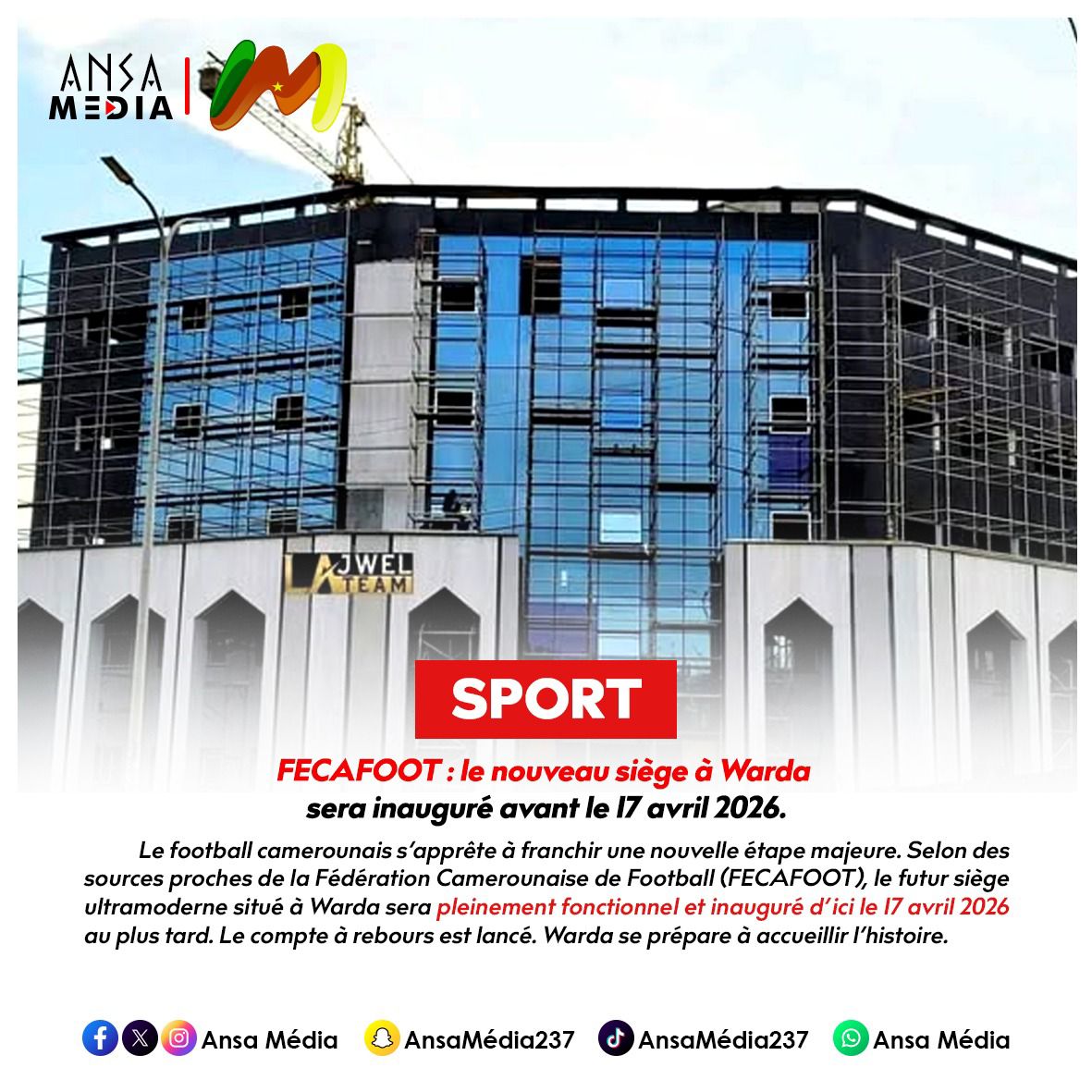 FECAFOOT : le nouveau siège à Warda sera inauguré avant le 17 avril 2026.
