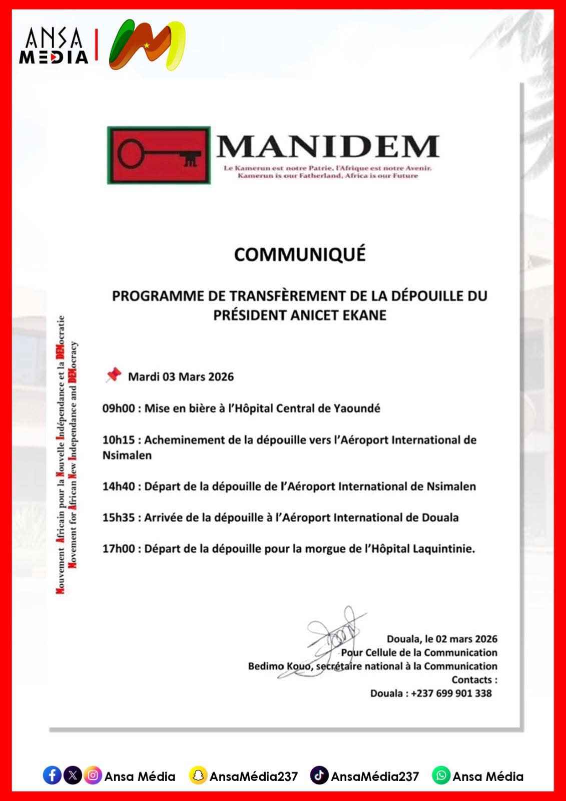 Programme de transfert de la dépouille de Anicet Ekane.